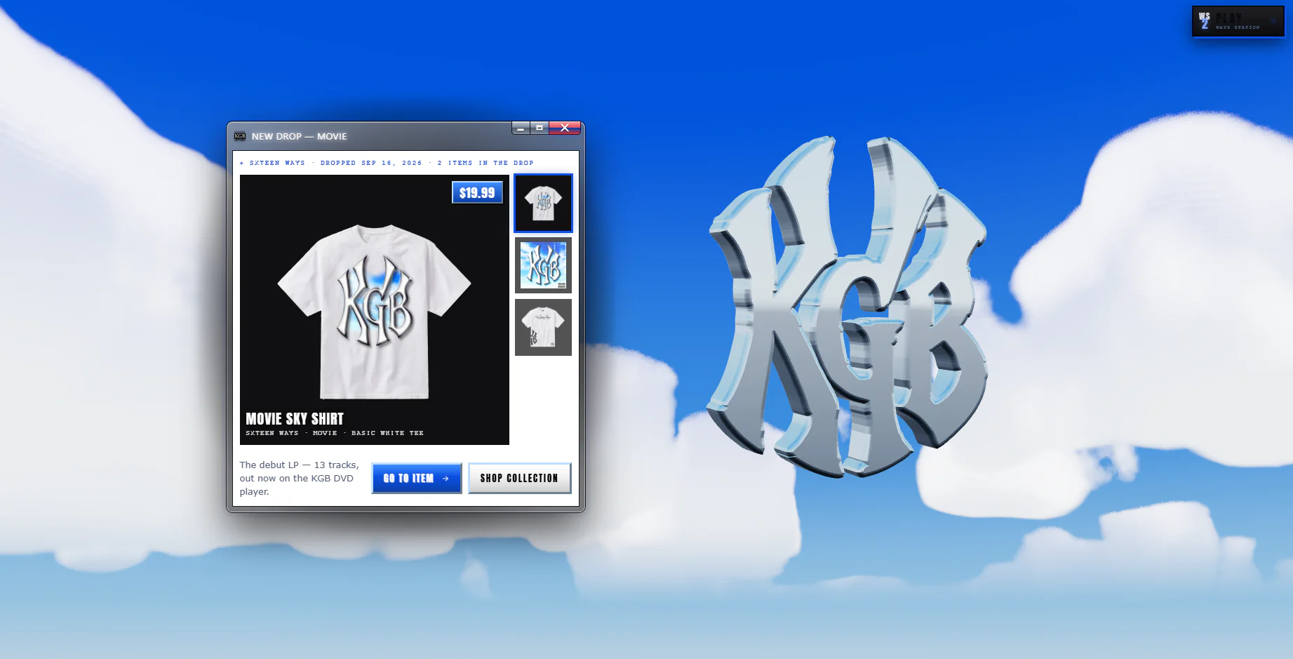 KGB homepage: a 3D chrome logo over a cloudy blue sky, with a New Drop window for the Movie Sky Shirt