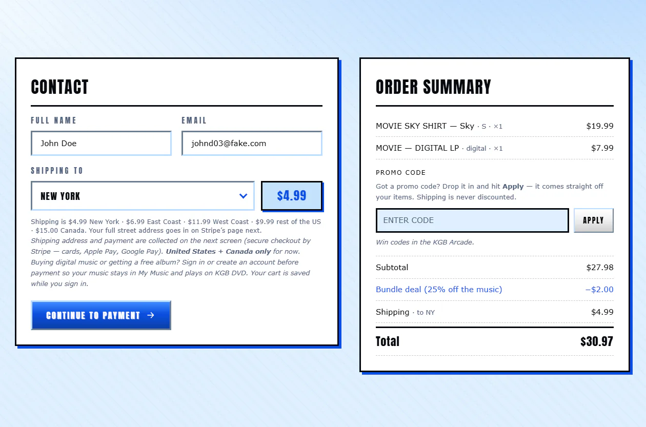 Checkout with an order summary, a music bundle discount and shipping by region
