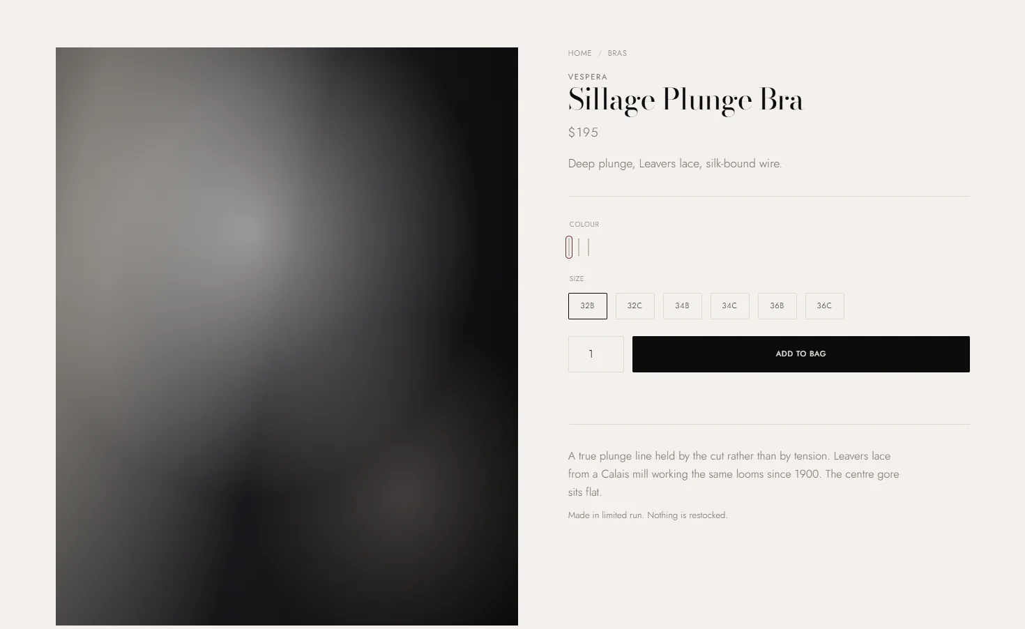 Product page for the Sillage Plunge Bra with colour and size selection