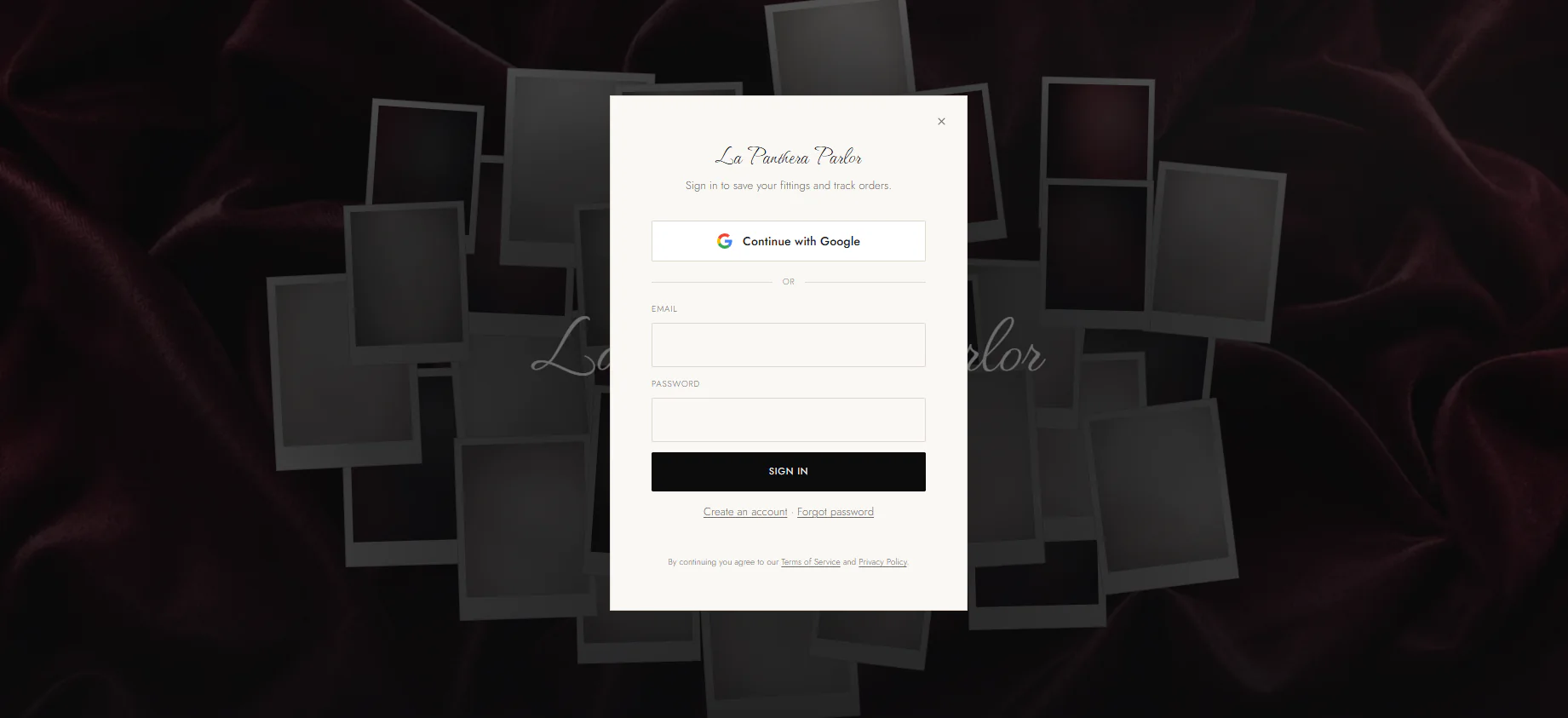 Sign-in window with Google or email over the polaroid homepage
