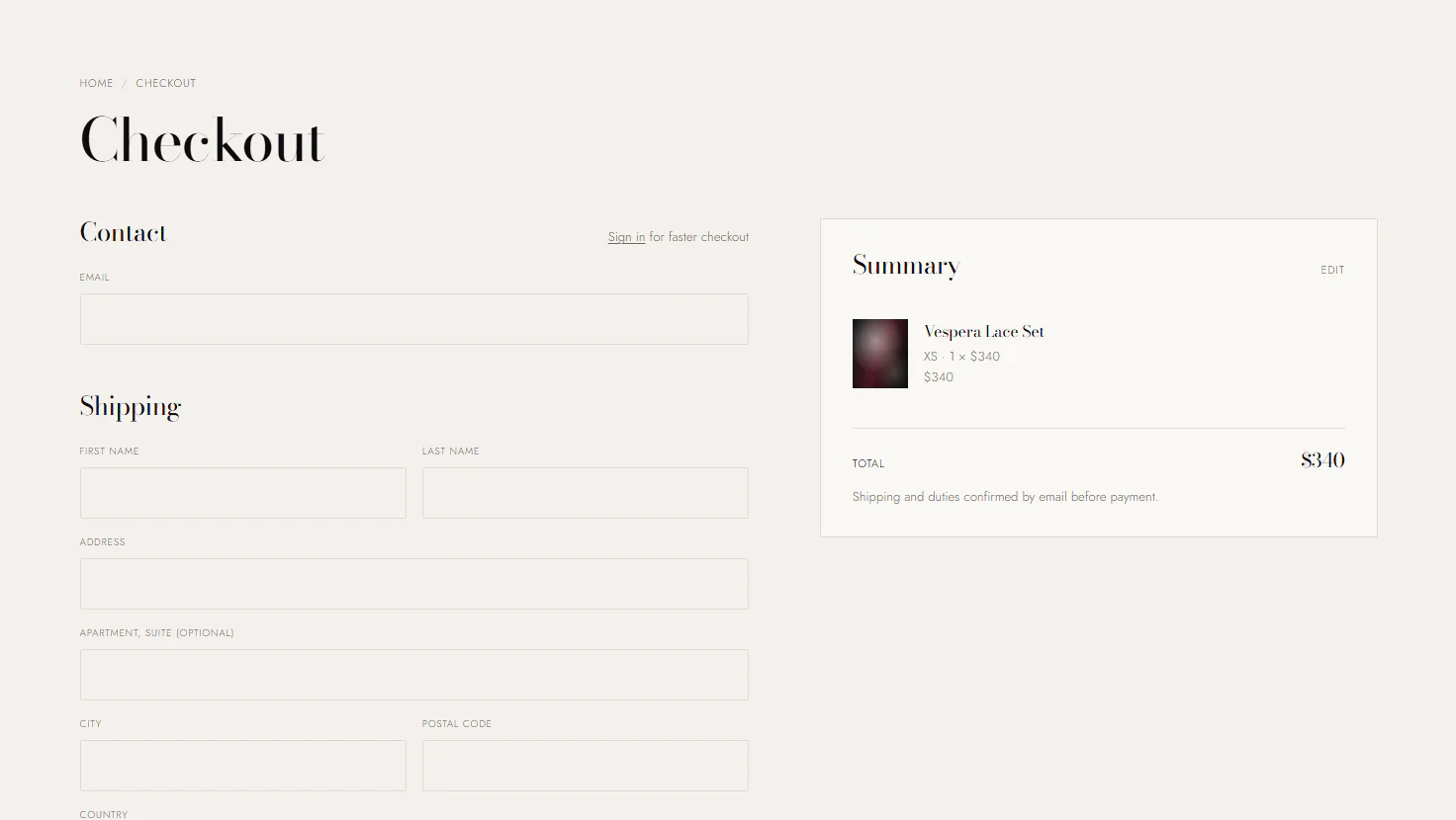 Checkout with contact and shipping fields beside the order summary